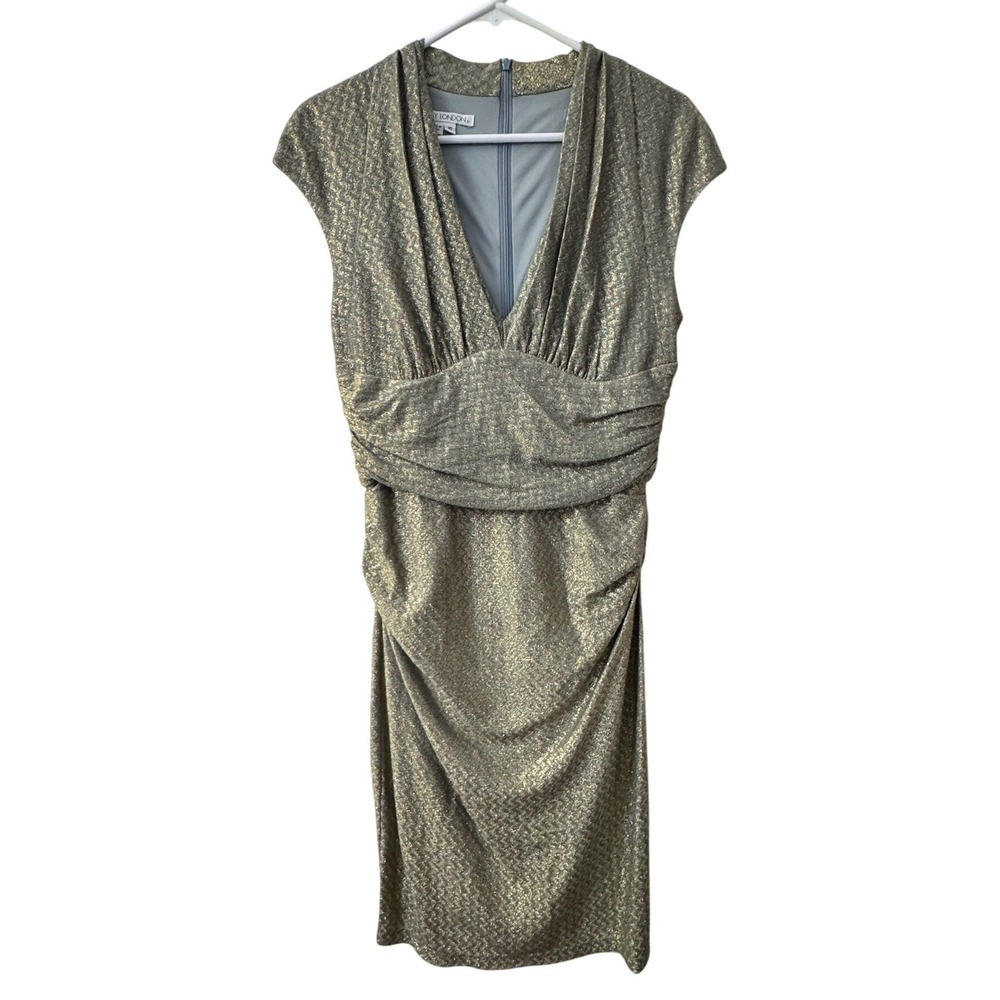 Maggy London Gold Metallic V-Neck Dress Size 10 Sparkle Retro Glam Gatsby
